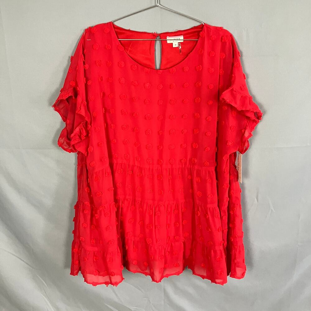 Andree by Unit Blouse Womens Plus Size 2X Red Dot Tiered Ruffle Cap Sleeve